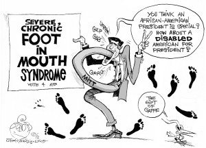 Mitt's Gift of Gaffe, an OtherWords cartoon by Khalil Bendib.