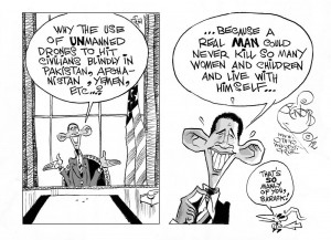 Unmanly Drones, an OtherWords cartoon by Khalil Bendib