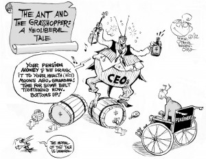 The Ant and the Grasshopper, an OtherWords cartoon by Khalil Bendib
