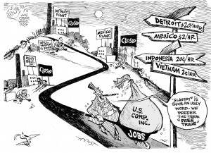Free Trade Economics OtherWords cartoon Khalil Bendib joblessness low wages