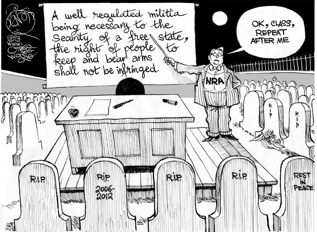 NRA Lesson Plan, an OtherWords cartoon by Khalil Bendib