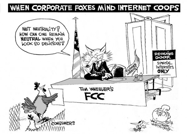 The Corporate Fox in the Chicken Coop, an OtherWords cartoon by Khalil Bendib