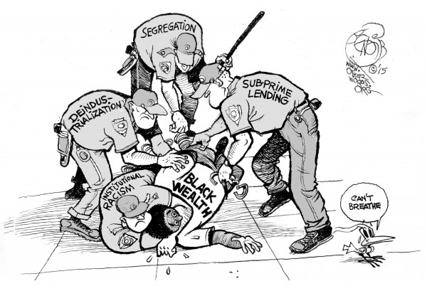 Suffocating Black Wealth, an OtherWords cartoon by Khalil Bendib