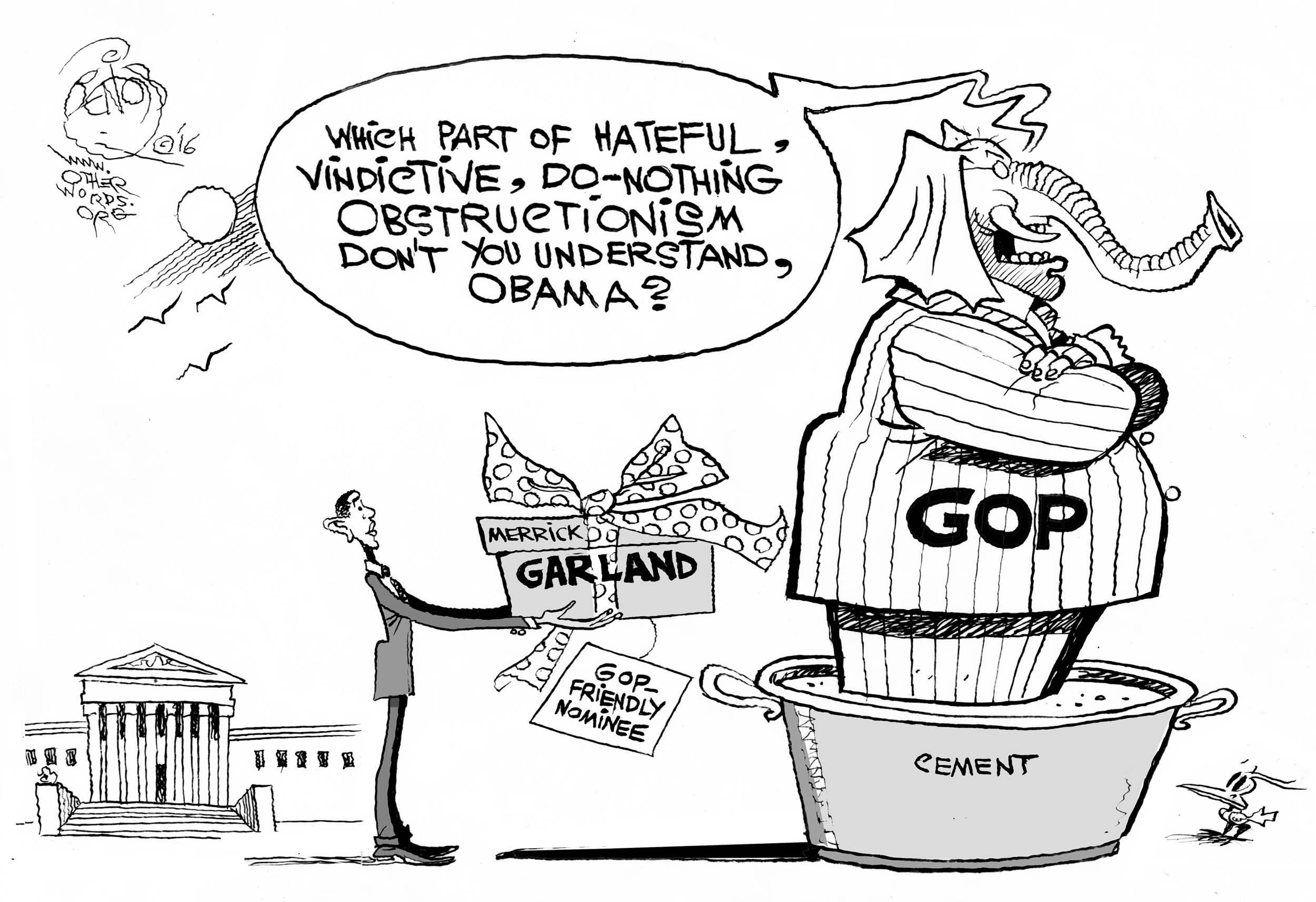 Supreme Obstruction, an OtherWords cartoon by Khalil Bendib